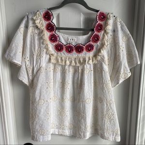 THML Embroidered Floral and Fringe Babydoll Top